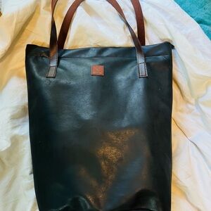 Sleek Black Faux Leather Laptop Bag with Brown Handles
